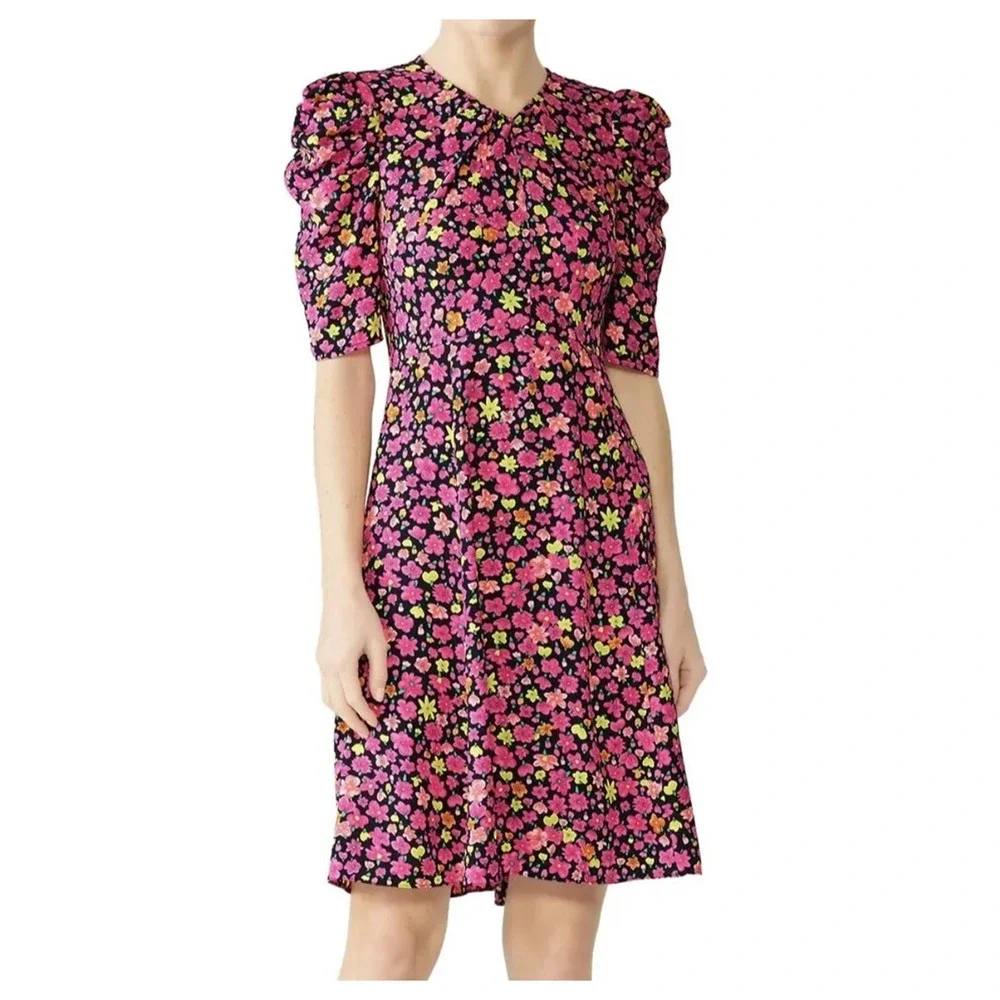 Kate Spade NY Marker Floral A Line Dress Size 0 New Pink Crepe Colorful Bright